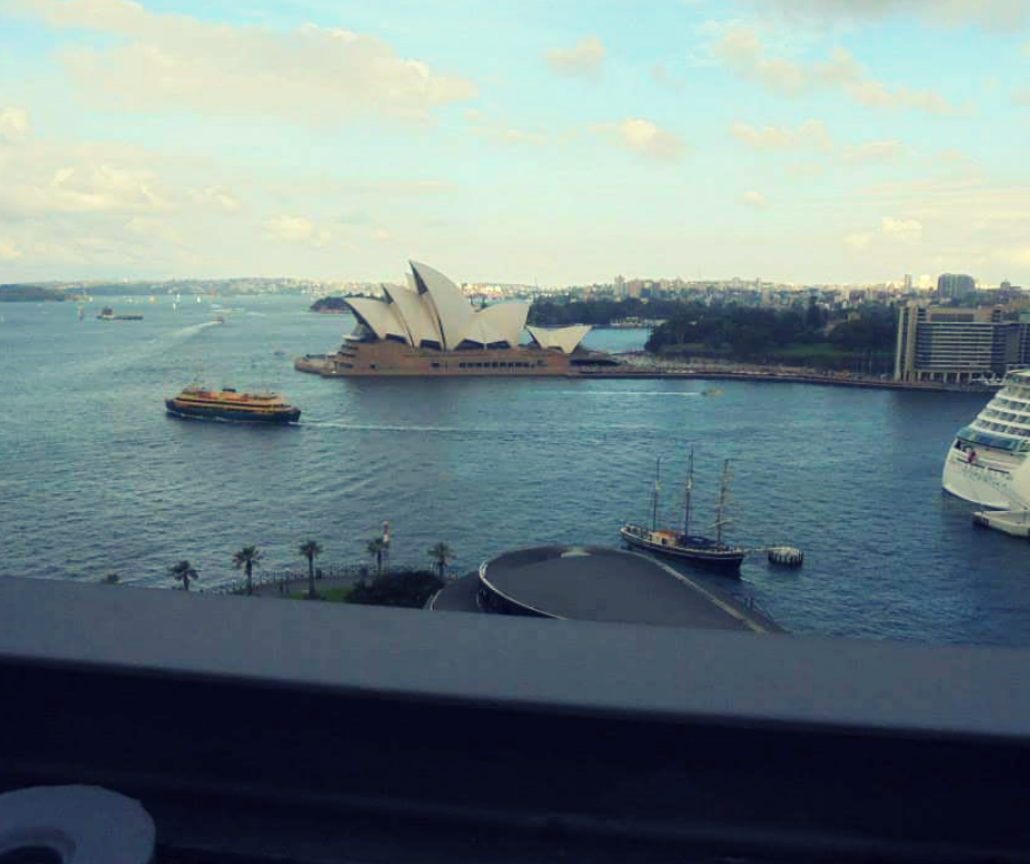 looking over a metal fence to the Sydney harbour. In the background is the Sydney Opera house and the botanical gardens. This place is completely free to visit