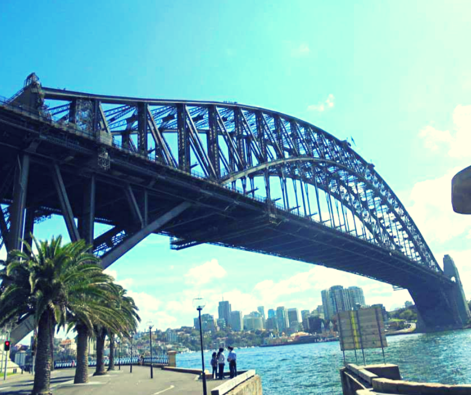 A view from under the Sydney harbour bridge. The grey bridge stretches over blue waters with a tree on one side and large buildings on the other side behind the water