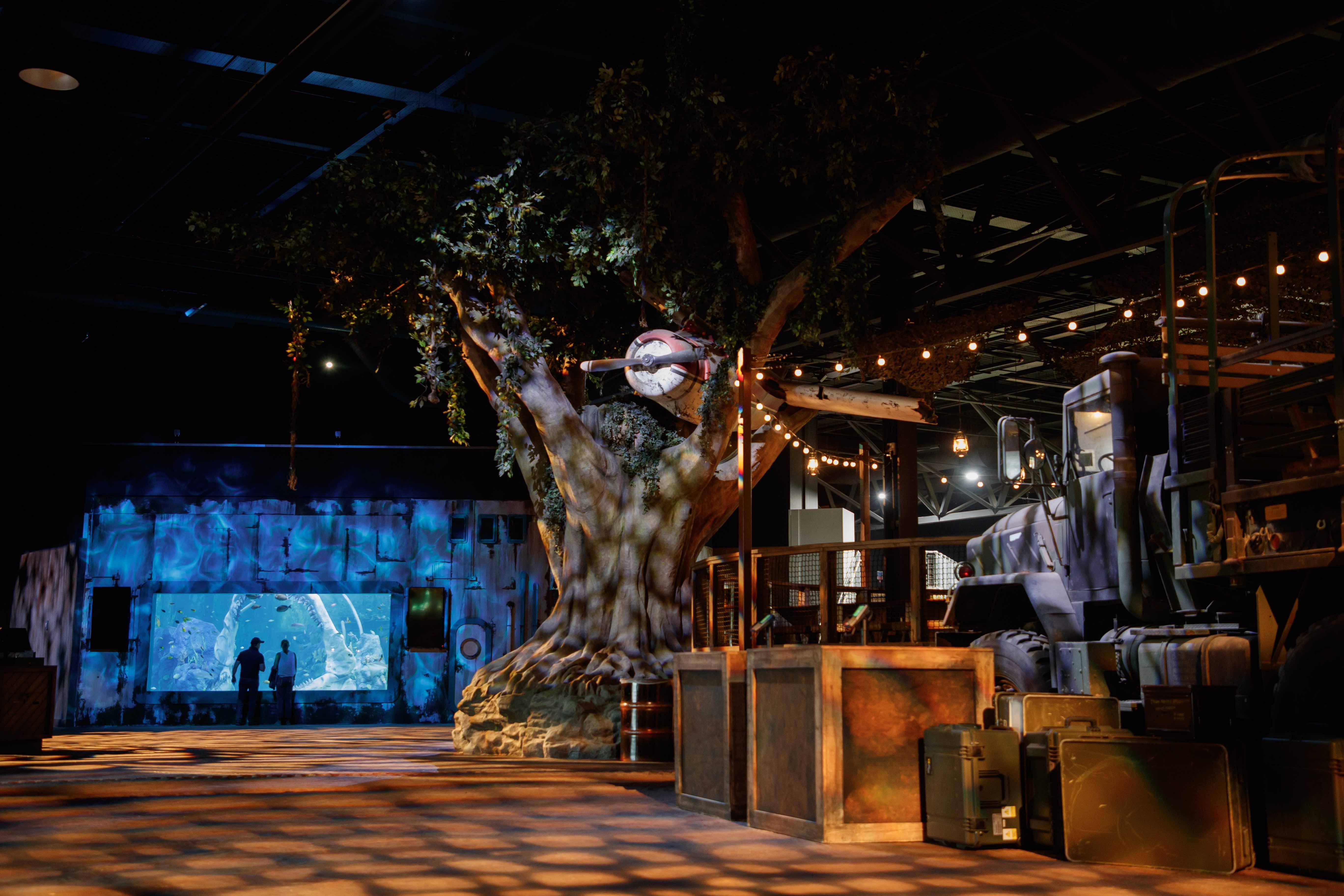 The Bear Grylls Adventure, Birmingham. Interier of site. Large fish tank in the background with a  whale jaw bone inside. An artificial tree with fairy lights and a plane in the branches. Explorer style suitcases, boxes and green canisters.