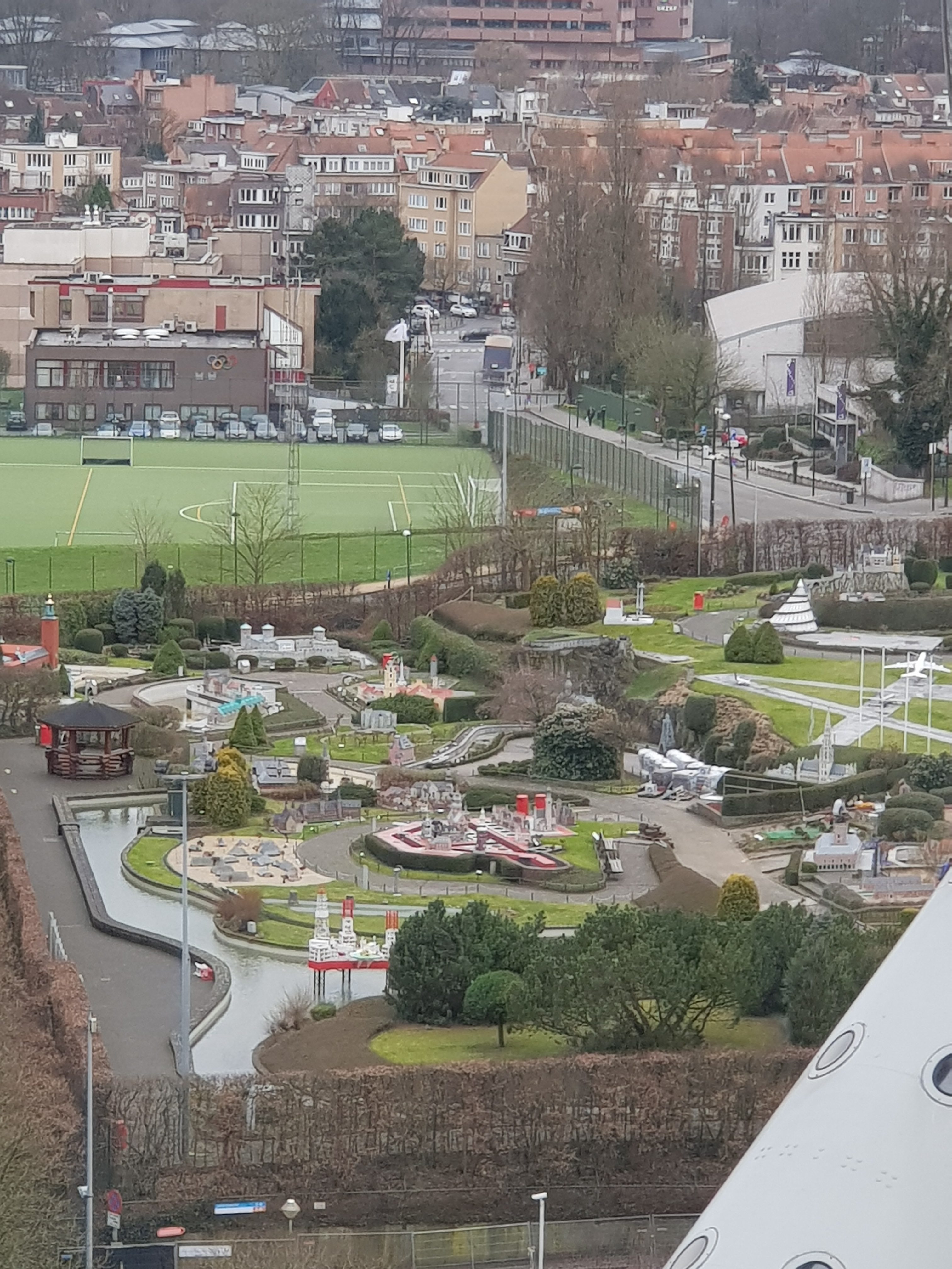 A view from the Atomium over mini-Europe. Model landscapes of all the different countries in Europe