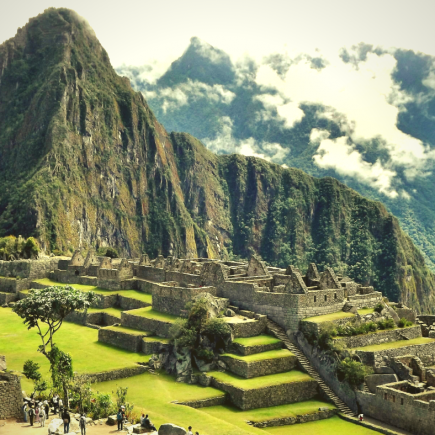 A shot of Machu Picchu ancient city with a mountain in the background