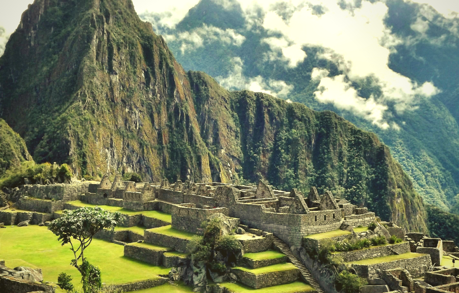 A shot of Machu Picchu ancient city with a mountain in the background