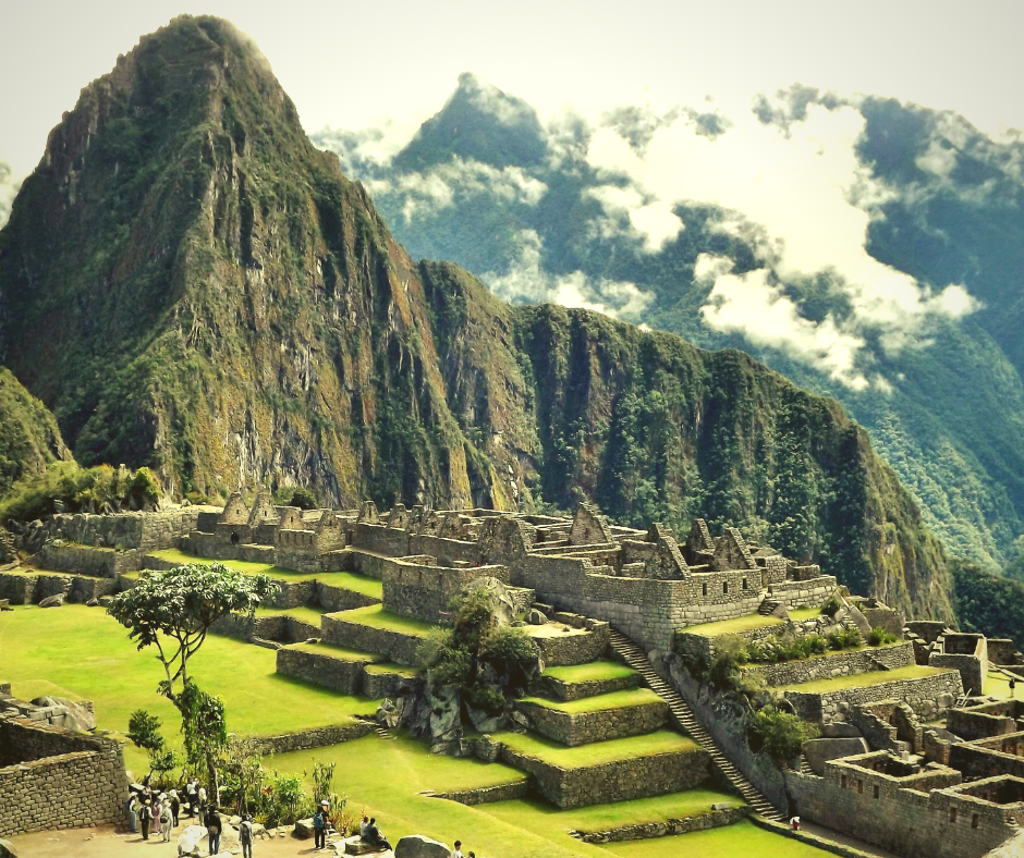 A shot of Machu Picchu ancient city with a mountain in the background