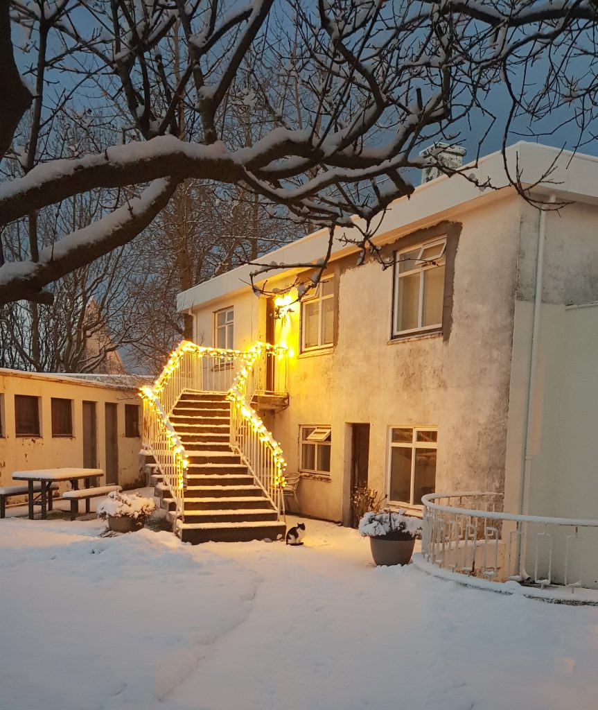An Airbnb in Reykjavik. A staircase leads up to the second floor of a white building. There is snow all around and fairy lights go up the railings of the stairs.