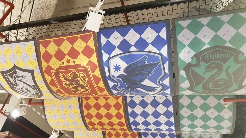 Banners for the Hogwarts houses above the Harry Potter section in the world's largest Primark