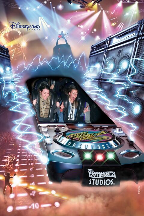 A ride photo of two girls taken on the Rock 'n' Roller ride at Disneyland Paris. Two girls are in a roller caaster cart with lights and lightning in the background