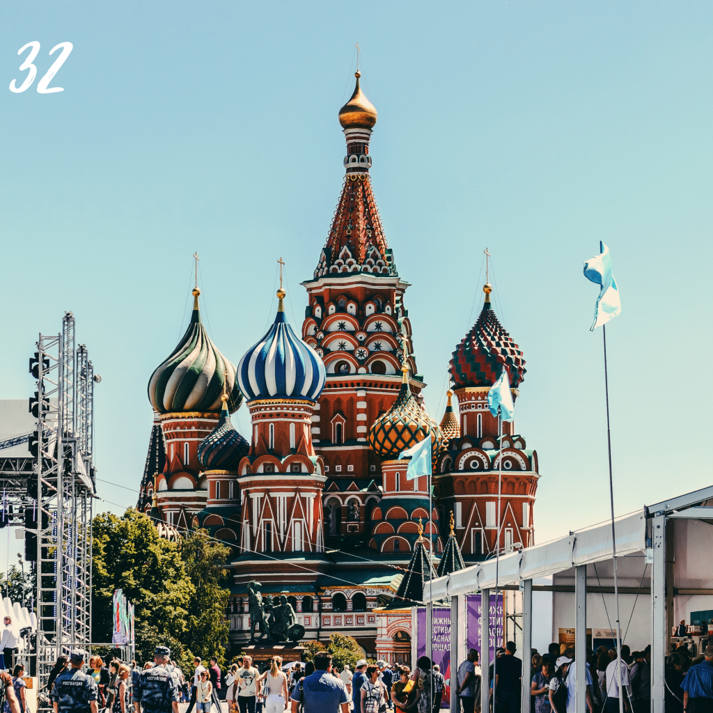 Number 32. St Basil's Cathedral with brighly coloured turrets and onion domed roofs.