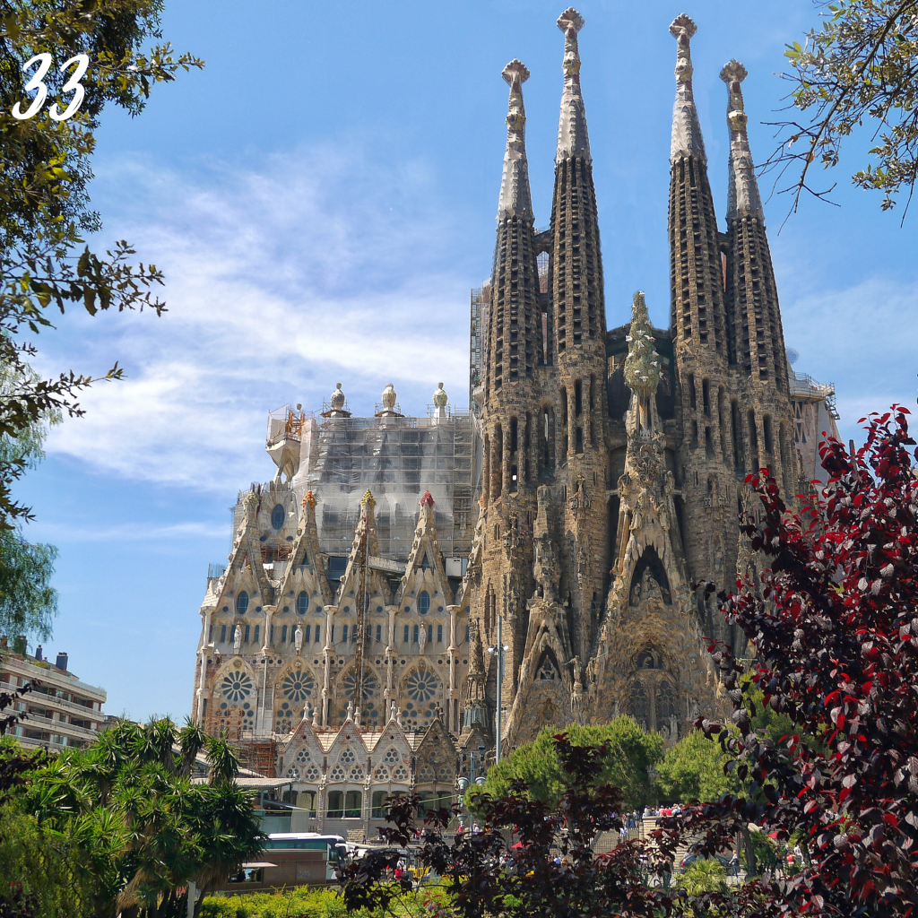 Number 33. Sagrada Famillia Cathedral with gothic style turrets.